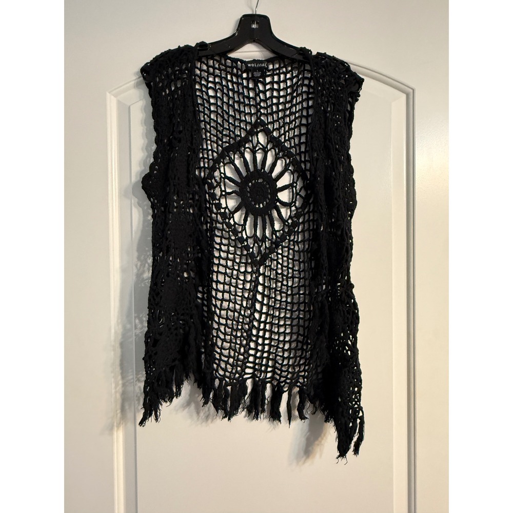 Wet Seal Crochet Vest Large Black Boho Fringe Sunburst Open Knit Festival Retro